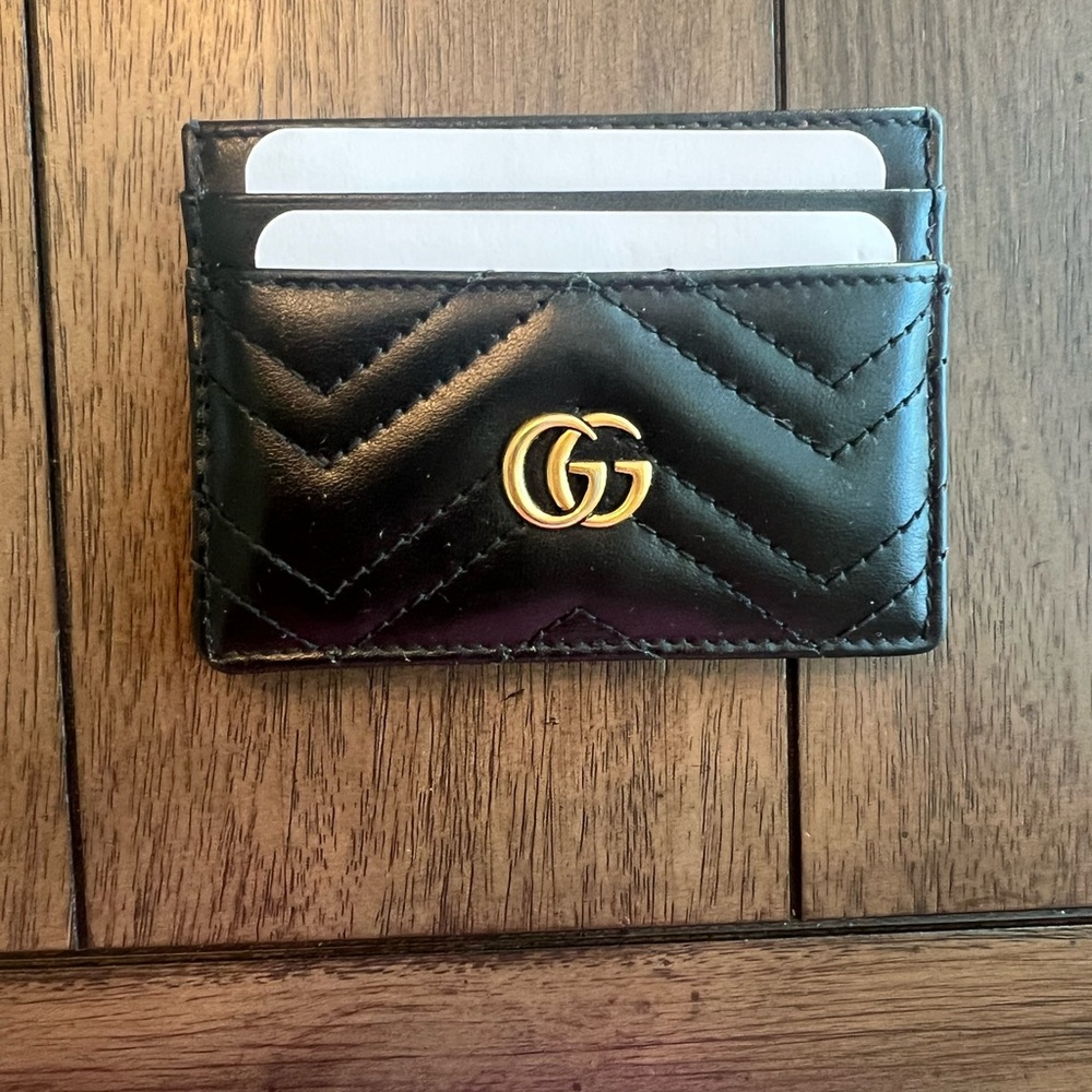 Gucci Black Leather Card Holder with Gold Logo